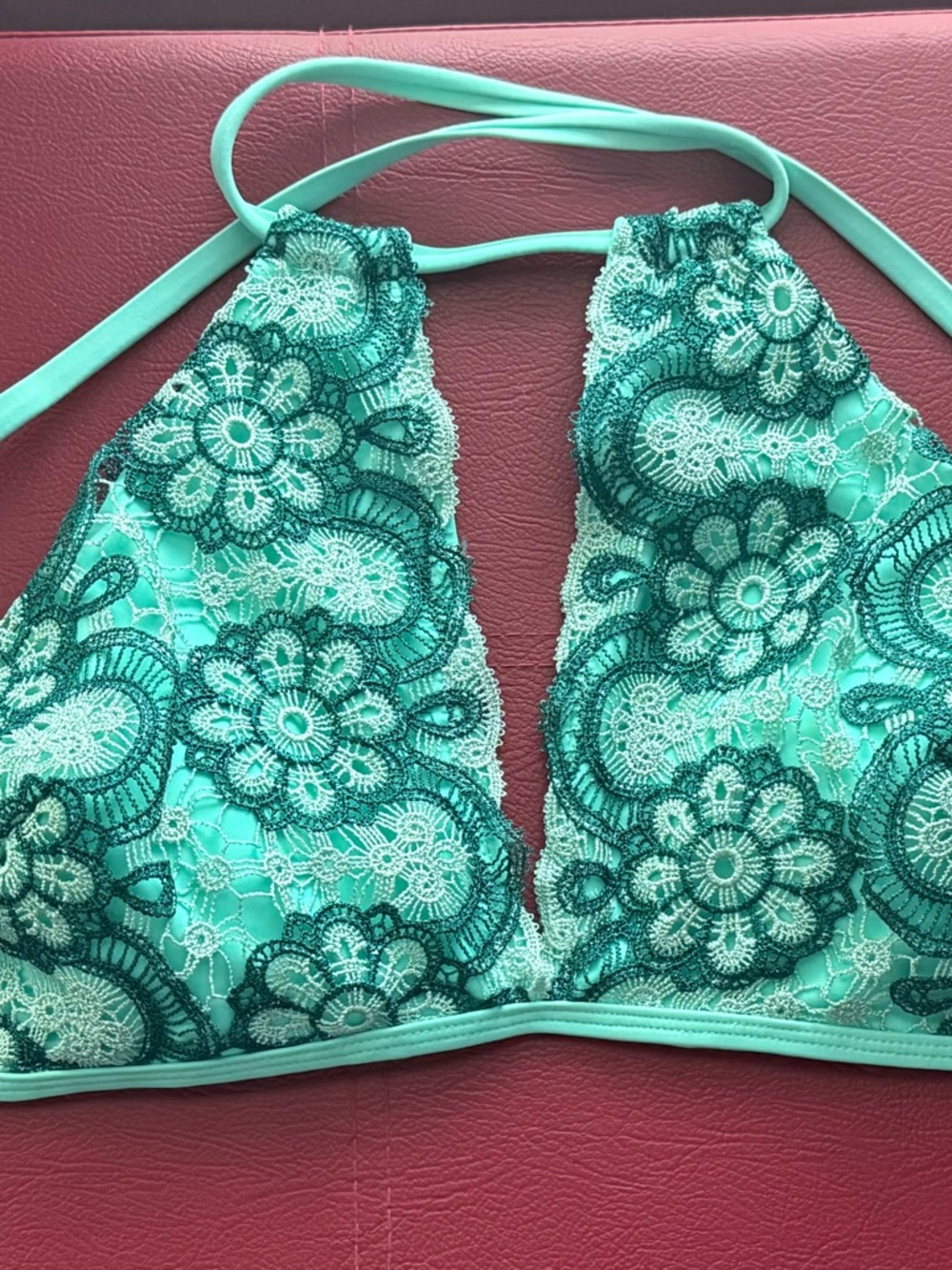Time and Tru Bikini Swimsuit Top Green Lace Halter High Neck String Tie New